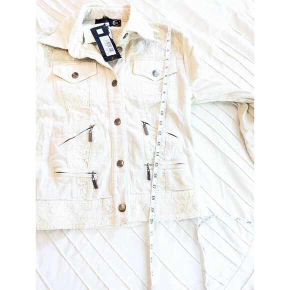 justcavalli cream/gold 6 pocket denim jacket button front sparkly back sz s nwt - Picture 4 of 8